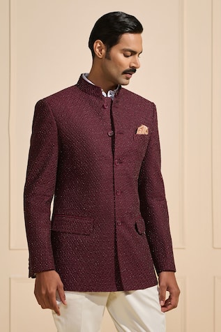 Raghavendra Rathore Jodhpur Maroon Tassar Jacquard Bandhgala 
