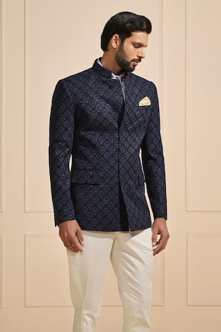 Raghavendra Rathore Jodhpur Navy Geometric Bandhgala 