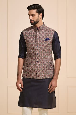 Raghavendra Rathore Jodhpur Blue Brocade Nehru Jacket 