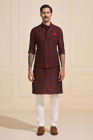 Raghavendra Rathore Jodhpur Maroon Designer Nehru Jacket Set 