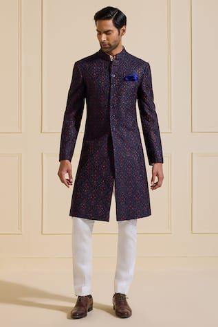 Raghavendra Rathore Jodhpur Textured Navy Silk Sherwani 