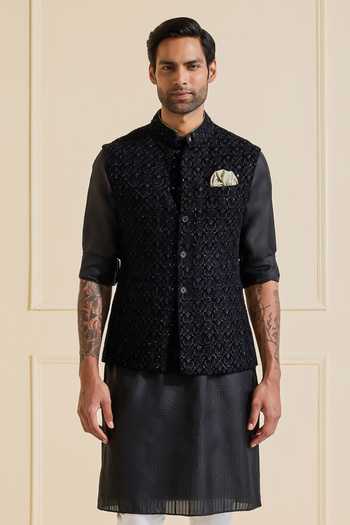 Raghavendra Rathore Jodhpur Classic Textured Black Nehru Jacket 