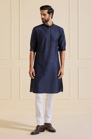 Raghavendra Rathore Jodhpur Navy Dupion Silk Classic Kurta 