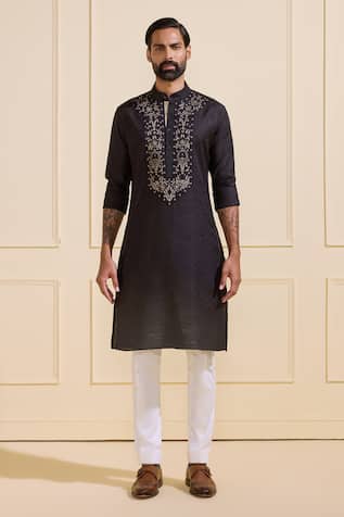 Black Silk Embroidered Kurta 