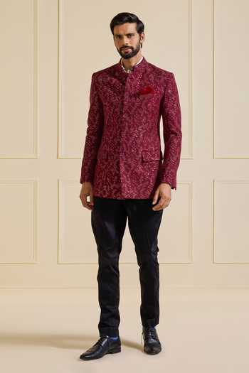 Raghavendra Rathore Jodhpur Opulent Bandhgala in Maroon Silk 