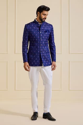 Raghavendra Rathore Jodhpur Navy Brocade Bandhgala Jacket 