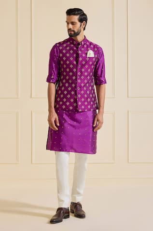 Raghavendra Rathore Jodhpur Patterned Purple Nehru Jacket Set 