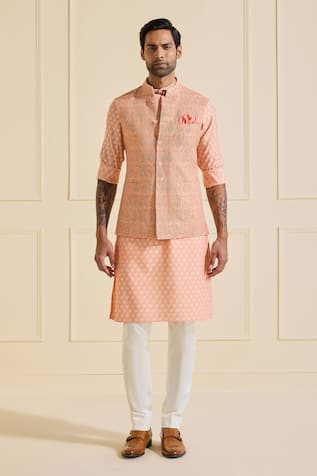 Raghavendra Rathore Jodhpur Ornate Peach Nehru Jacket Set 