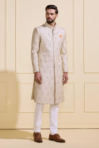Raghavendra Rathore Jodhpur Embroidered Beige Silk Sherwani 