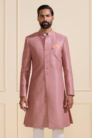 Raghavendra Rathore Jodhpur Bespoke Peach Brocade Sherwani 