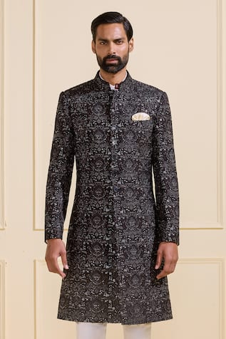 Raghavendra Rathore Jodhpur Embroidered Black Silk Sherwani 