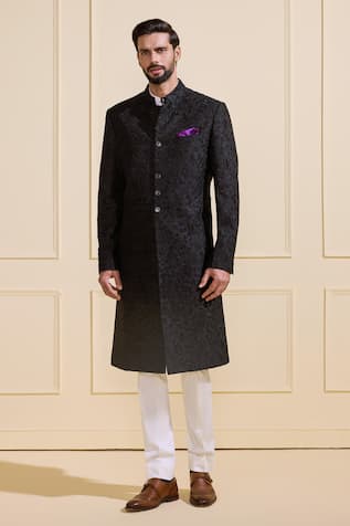 Raghavendra Rathore Jodhpur Shimmering Black Gilded Midnight Sherwani 