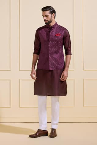 Raghavendra Rathore Jodhpur Dusky Wine Finesse Nehru Jacket 