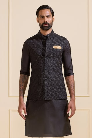 Raghavendra Rathore Jodhpur Textured Black Nehru Jacket 