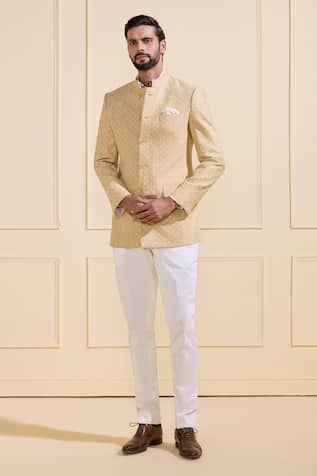 Raghavendra Rathore Jodhpur Beige Silk Bandhgala Jacket 