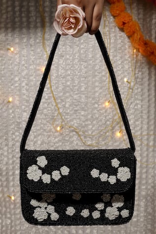 Black Rose Beaded Handbag 
