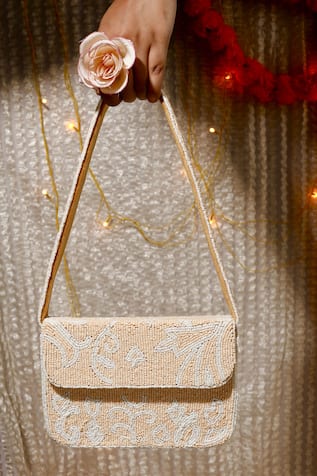 Beige Blossom Beaded Handbag 