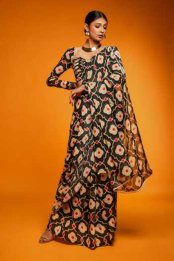 Ranbir Mukherjee Calcutta Black & Beige Printed Georgette Saree 