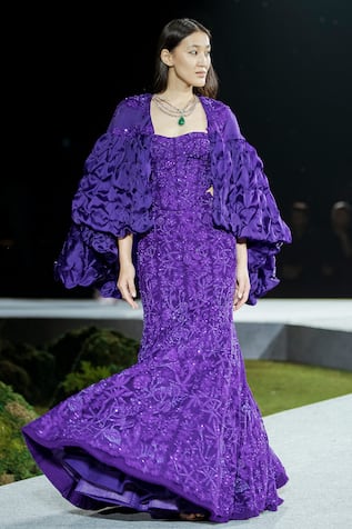 Mishru Maryse Purple Tulle Cape Lehenga Set 