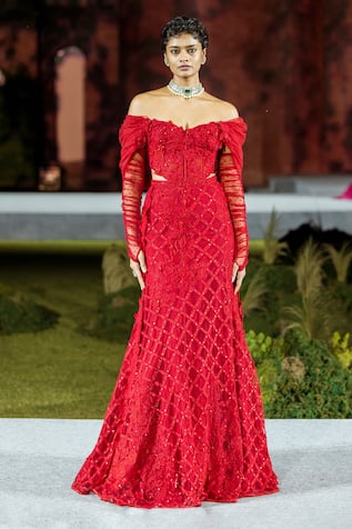 Mishru Red Tulle Diana Lehenga Set 