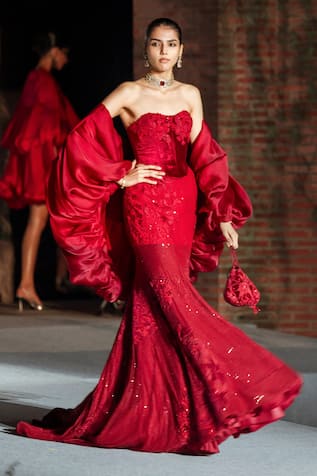 Mishru Red Tulle & Organza Audrey Lehenga Set 