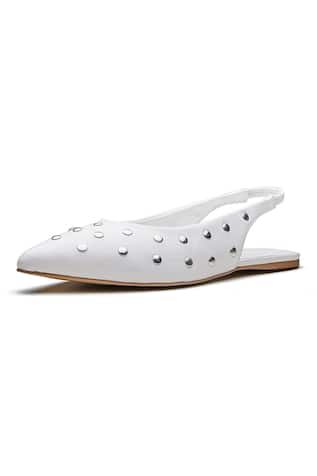 Studded White Nappa Leather Flats 