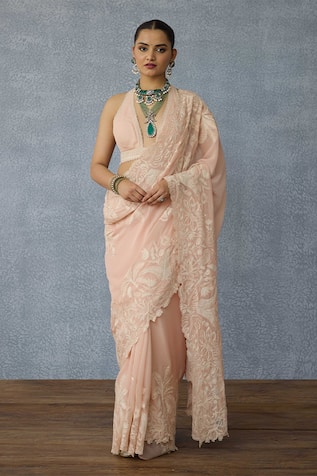 Torani Lace Embroidered Peach Georgette Saree 