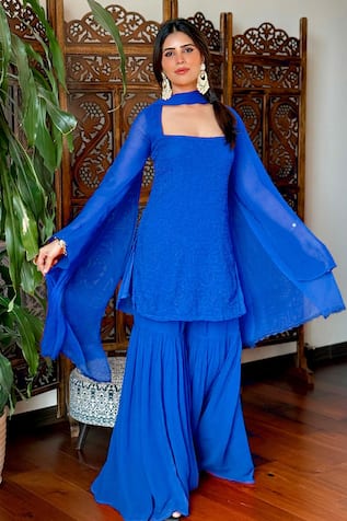 LABEL AISHWARYRIKA Chikankari Blue Kurta Gharara Set 