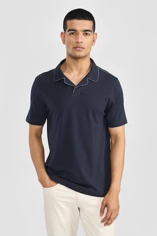 Perona Navy Blue Cotton Designer T-Shirt 