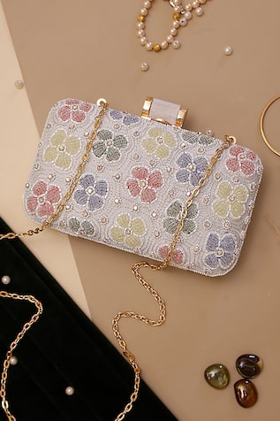 Floral Embroidered Clutch With Sling 