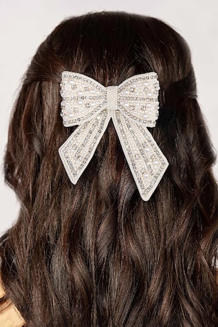 Embellished Crystal & Pearl Hair Bow Clip 