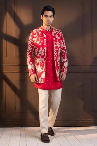 Embroidered Red Nehru Jacket Set 