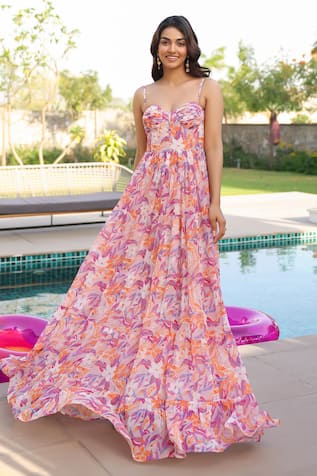 B'Infinite Floral Print Georgette Maxi Dress 