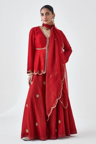 Janki India Maroon Embroidered Peplum Kurta Set 