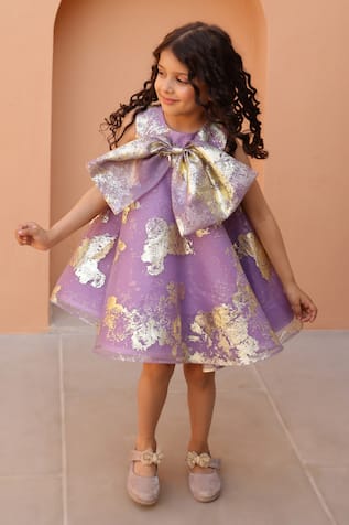 Janyas Closet Purple Foil Printed A-Line Dress With Bow 