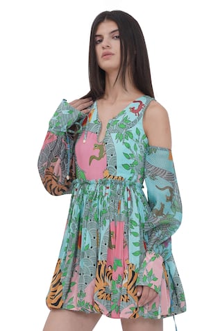 Limerick By Abirr N' Nanki Floral Print Cold Shoulder Dress 