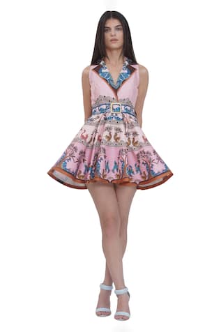 Limerick By Abirr N' Nanki Multicolor Scallop Textured Satin Dress & Belt 
