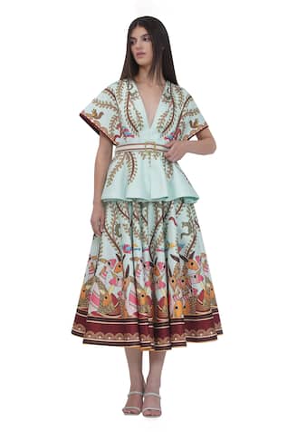 Limerick by Abirr N' Nanki Multicolor Scallop Textured Satin Midi Skirt 