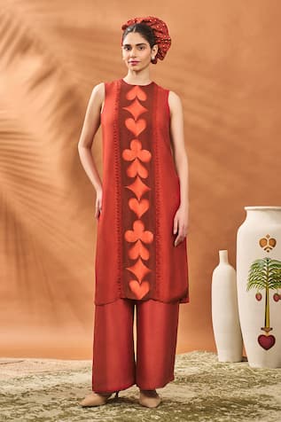 Masaba Red Printed Raw Silk Kurta Set 