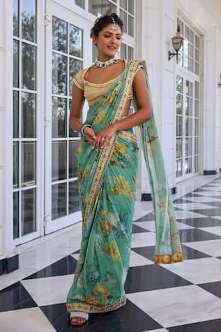 Kalista Frida Floral Print Pre-Draped Saree Set 