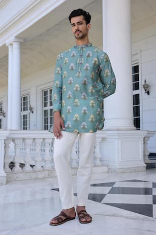 Kalista Yasir Printed Aqua Kurta Set With Ivory Pants 