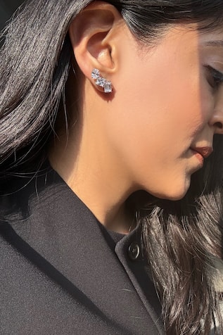 Rhodium Plated White Stud Earrings 