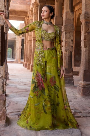 Awigna Designer Green Organza Jacket Set 