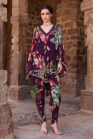 Awigna Floral Print Purple Tunic & Dhoti Pant Set 