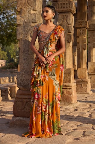 Awigna Printed Ruffle Pre-Draped Saree Set 