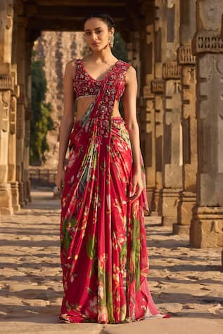 Awigna Floral Print Pre-Draped Saree & Blouse Set 