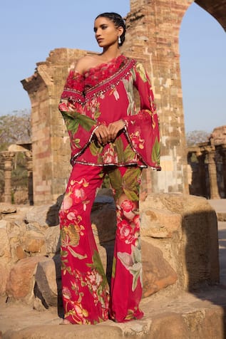Awigna Floral Print Fuchsia Tunic & Pant Set 