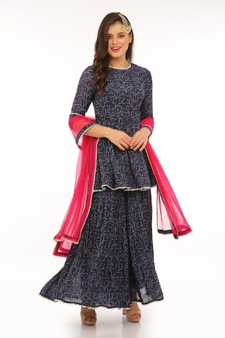 Preevin Indigo Blue & Hotpink Peplum Kurta Set 