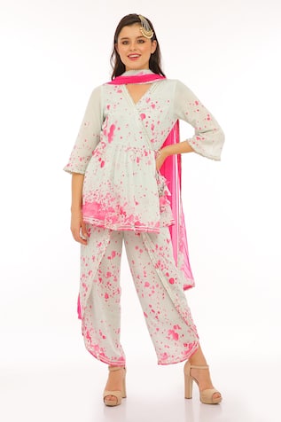 Preevin Teal Blue Peplum Kurta Dhoti Pant Set 