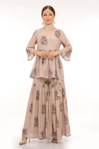 Preevin Nude & Black Floral Peplum Kurta Set 